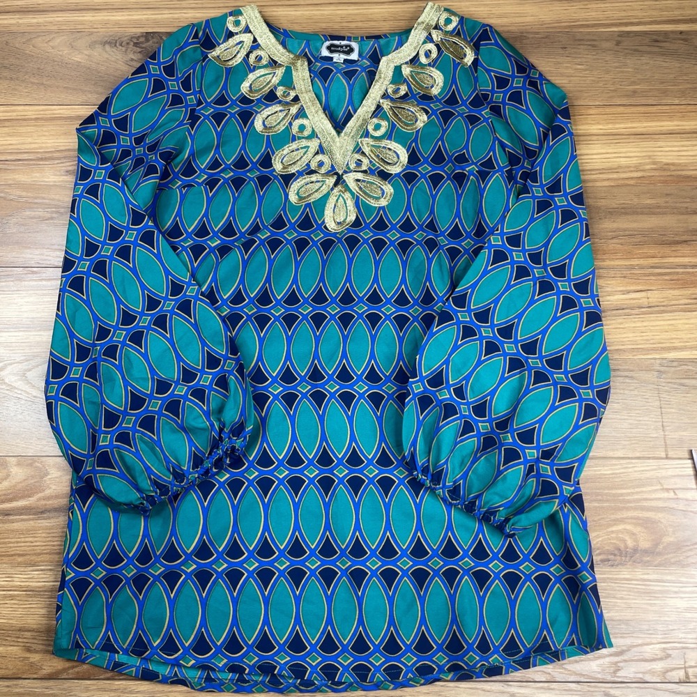 Mud Pie Women's Tunic Top, Geometric Print, Gold Embroidered V-Neck, Size S - Picture 12 of 15